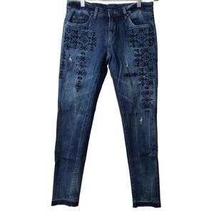 BLANKNYC Blue Denim Embroidered Raw Hem Skinny Jeans Women Size 26